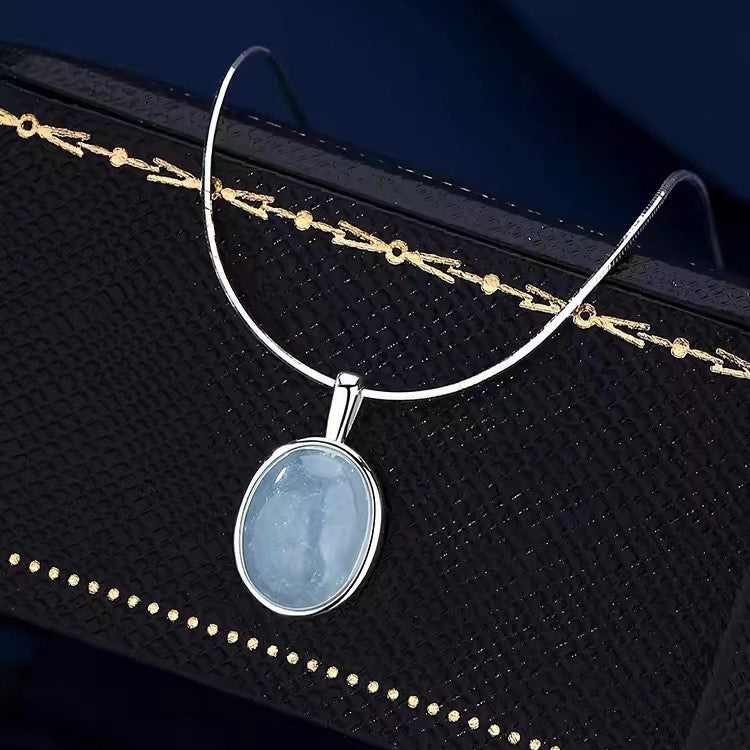 S925 Aquamarine Pendant Necklace Sterling Silver Women's Jewelry