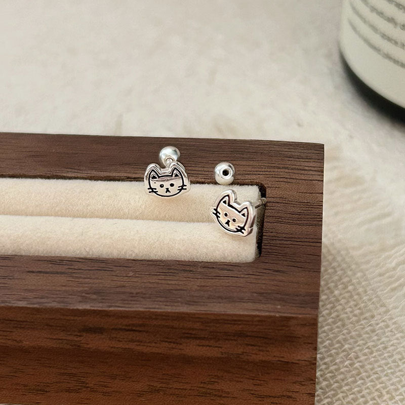 S925 Sterling Silver Cartoon Kitten Stud Earrings - Cute and Simple Design