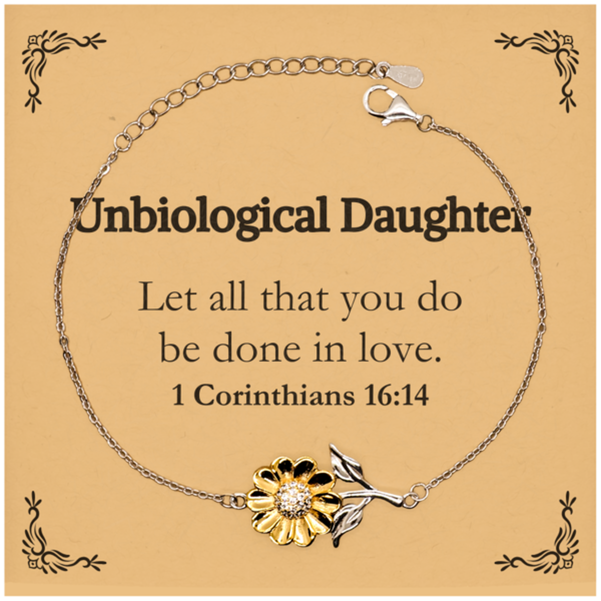 christian unbiological daughter gifts let all that you do be done in love bible verse scripture sunflower bracelet baptism confirmation gifts for unbiological daughter