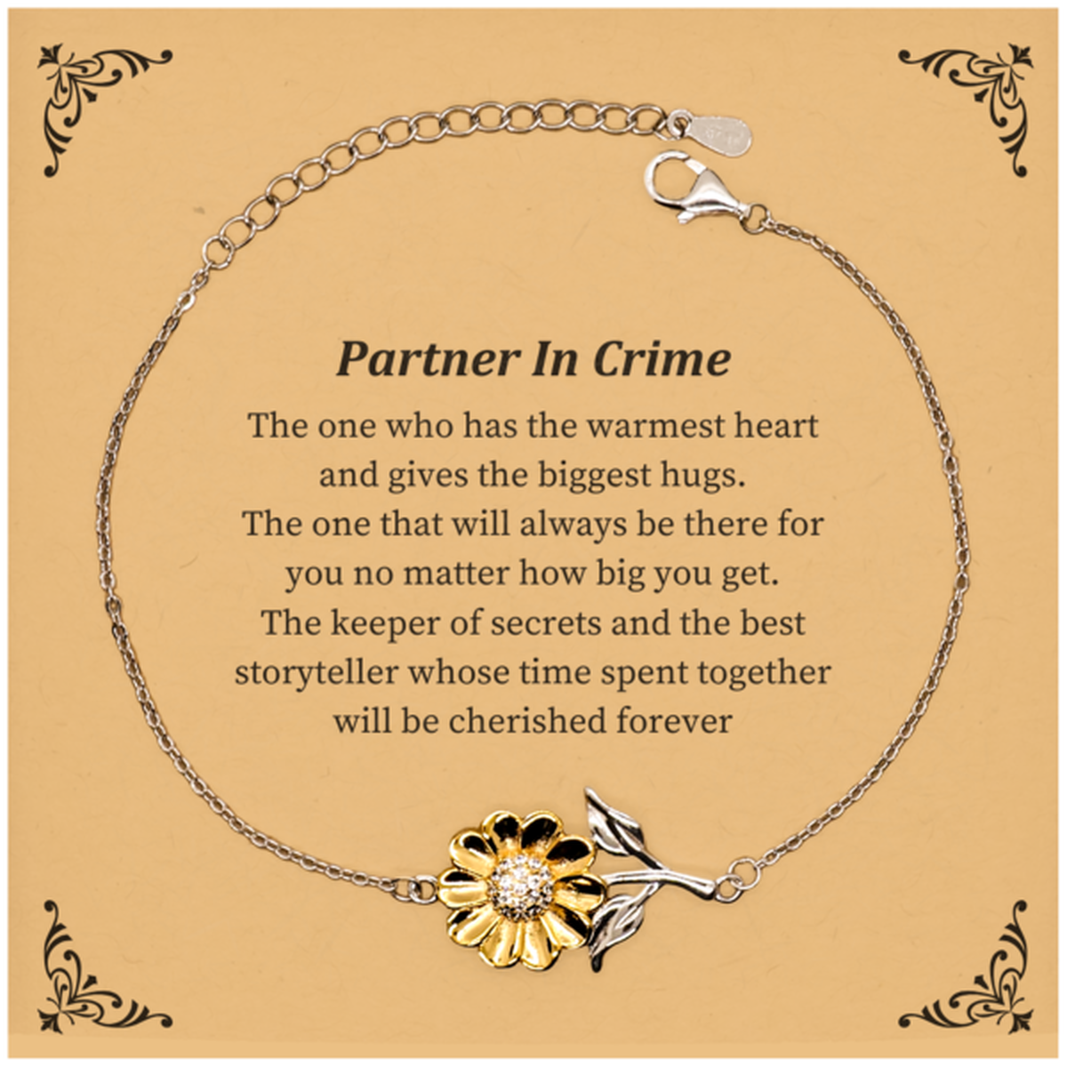 partner in crime sunflower bracelet cherished friendship gift for graduation birthday and holidays engraved with heartwarming quote of eternal bond and hopeful friendship