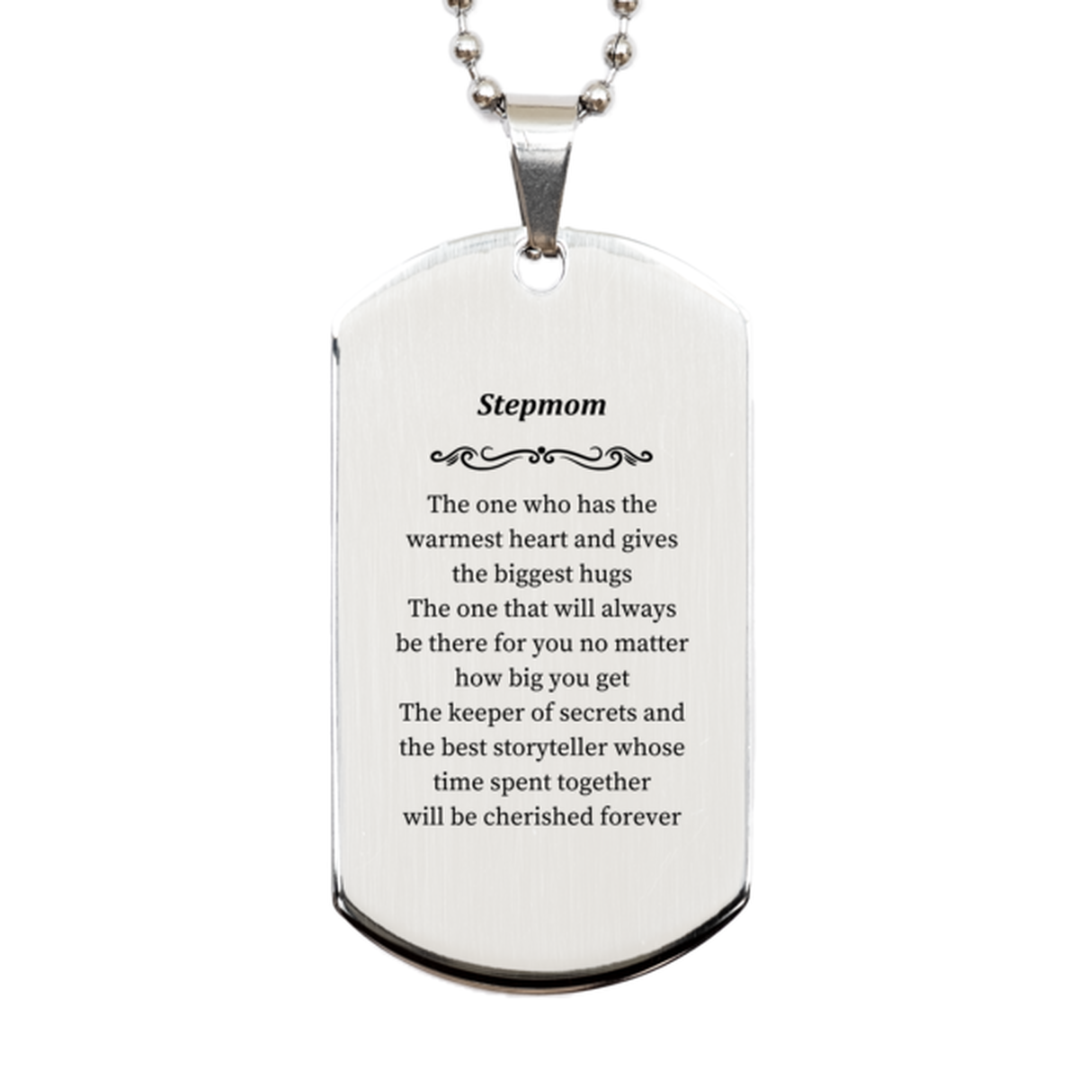 stepmom gift silver dog tag engraved warm heart hugs cherished memories