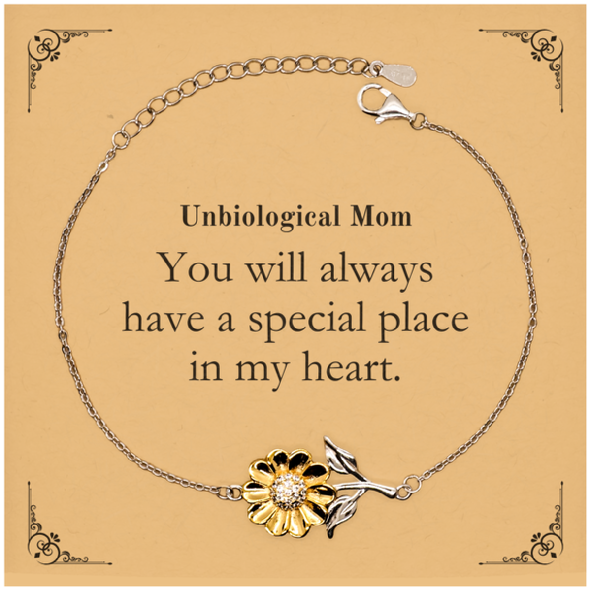 unbiological mom sunflower bracelet you will always have a special place in my heart inspirational gift for mothers day birthday christmas unique engraved jewelry for step mom bonus mom stepmother
