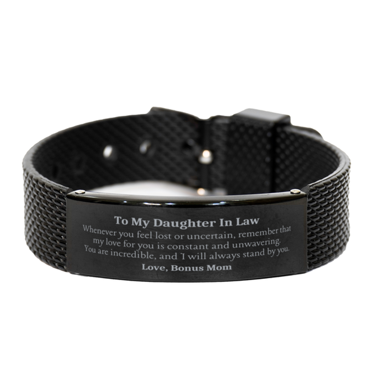 engraved black shark mesh bracelet for daughter in law my love for you is unwavering perfect birthday gift for daughter in law from bonus mom confidence and inspiration included