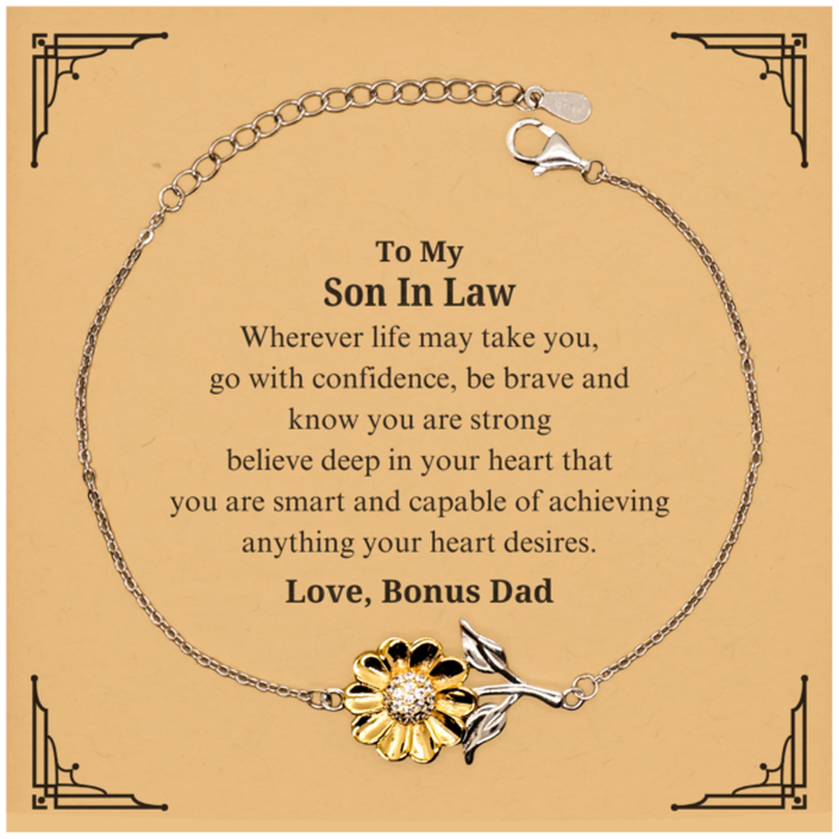 sunflower bracelet son in law gift engraved inspirational quote birthday christmas graduation confidence strong believe capable love bonus dad