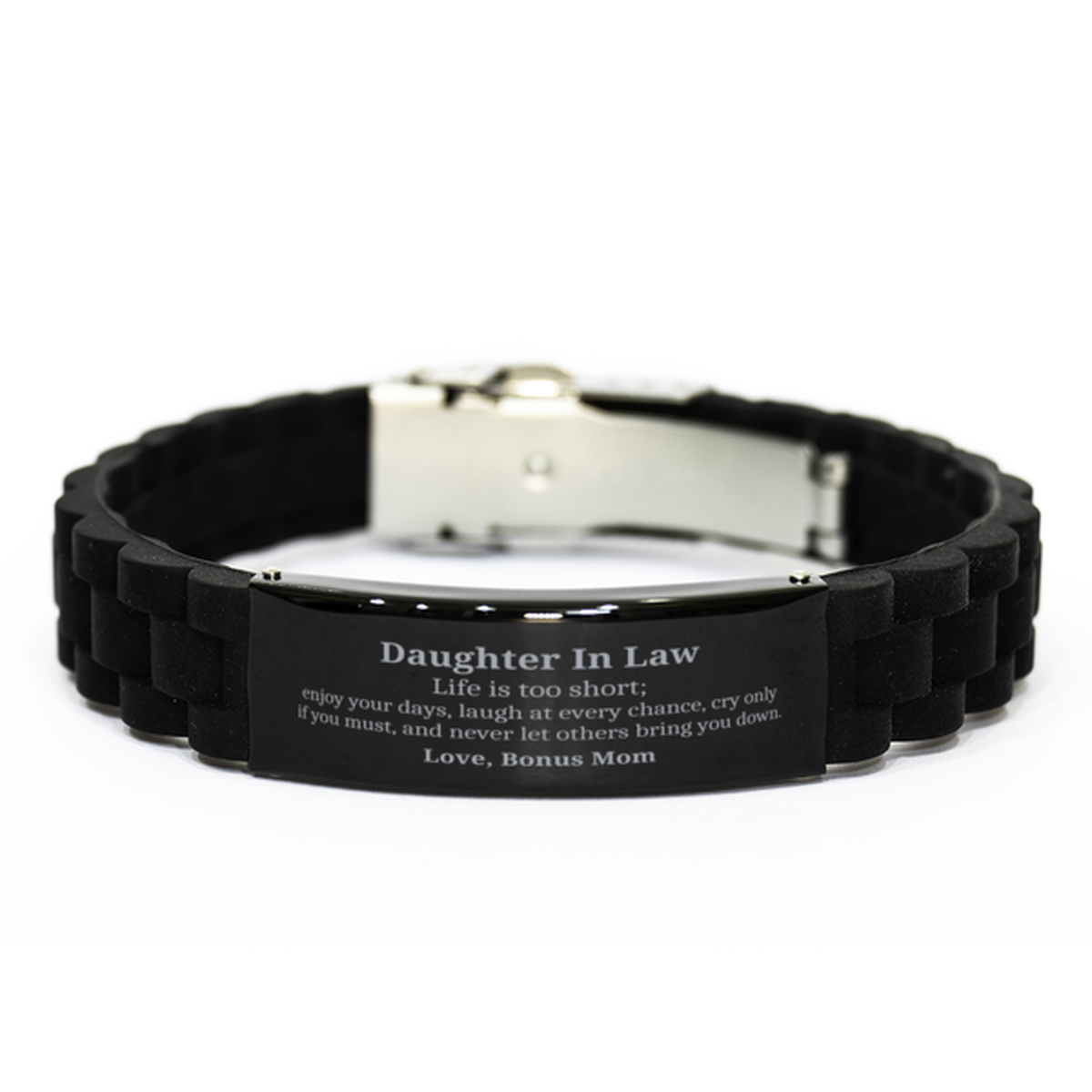 daughter in law engraved black glidelock clasp bracelet life is too short enjoy every moment love always daughter in law confidence special occasions meaningful gift for daughter in law bonus mom inspirational reminder unique jewelry perfec