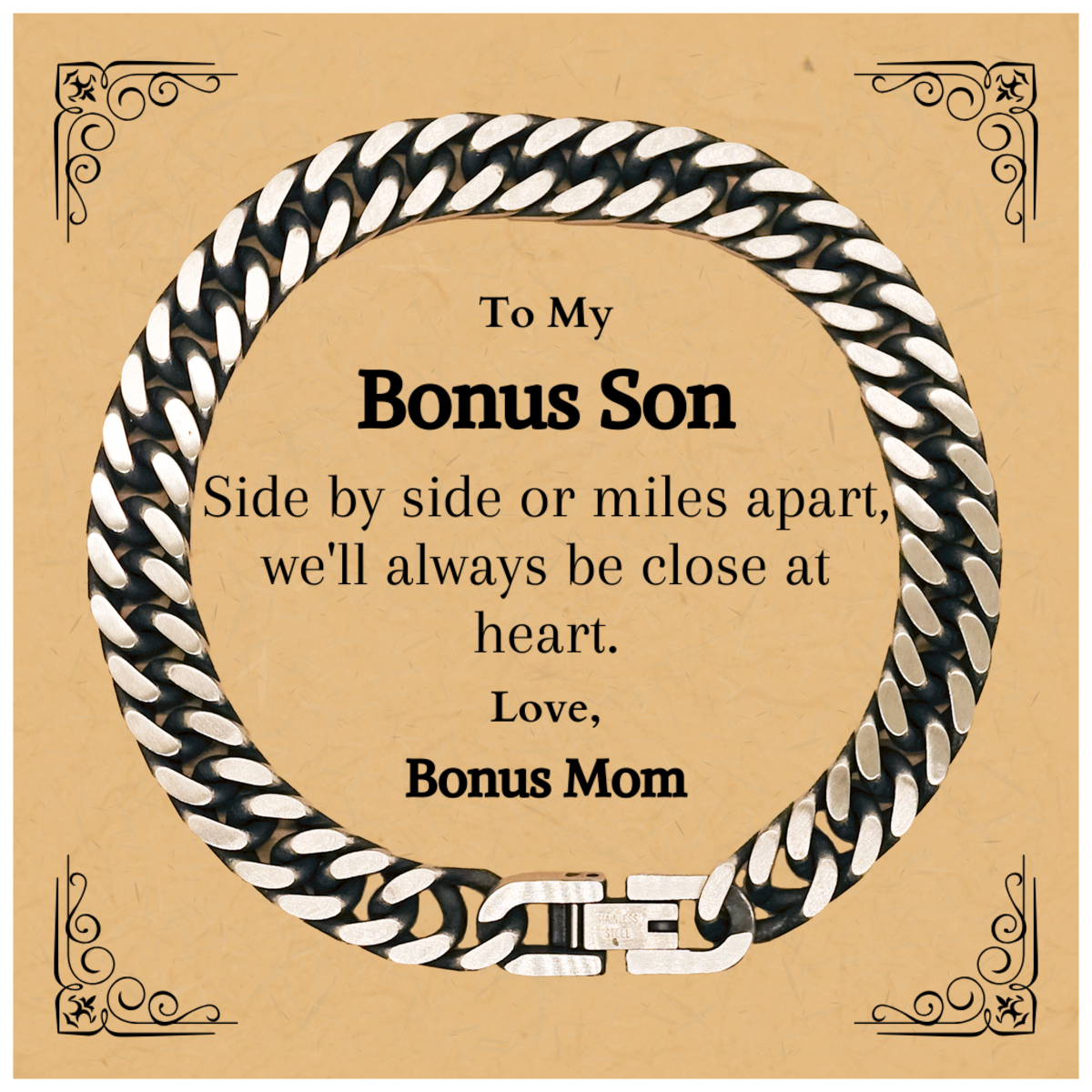 birthday gift cuban link chain bracelet for bonus son side by side or miles apart well always be close at heart love bonus mom unique and inspirational jewelry for bonus son christmas graduation veterans day
