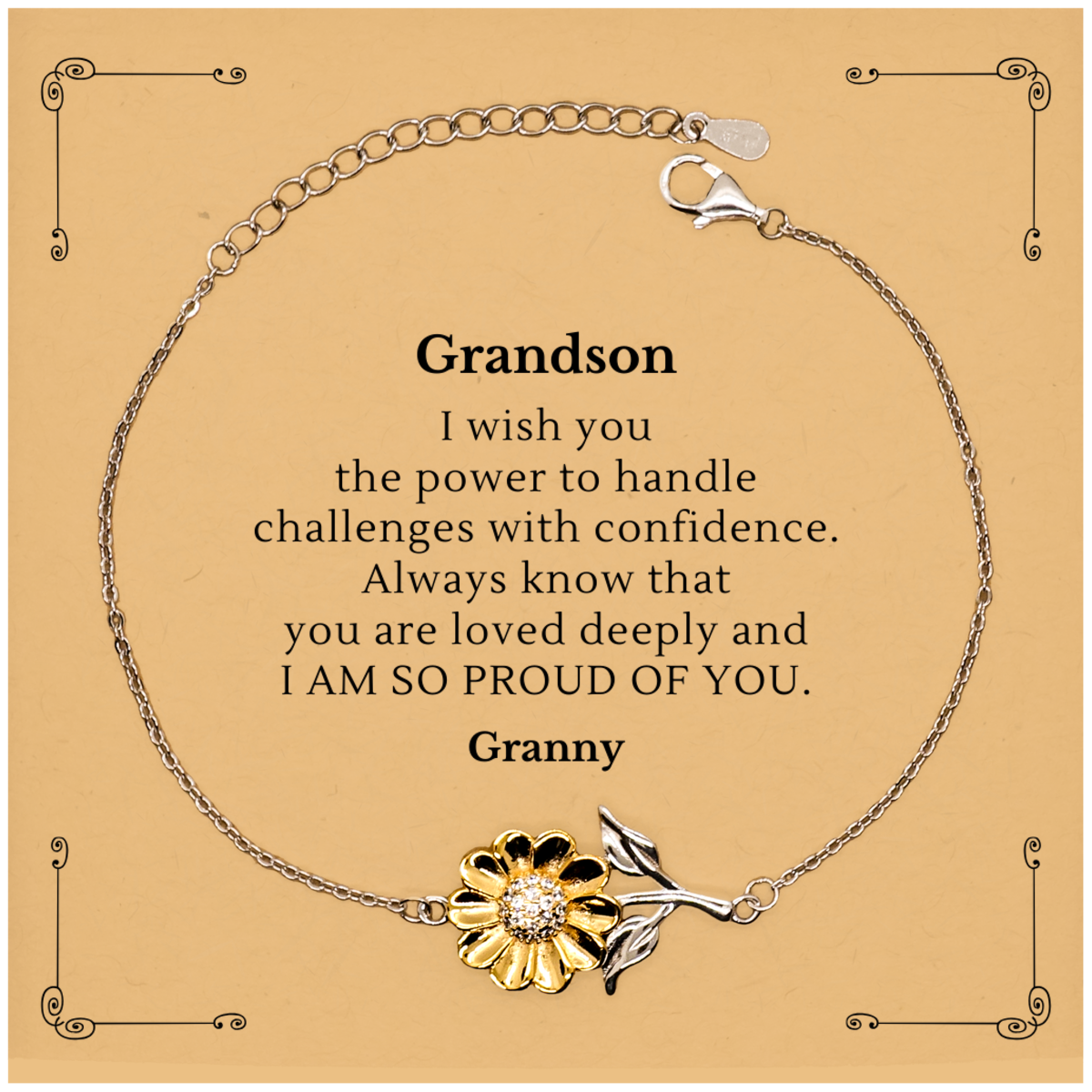Grandson Sunflower Bracelet - Engraved Inspirational Gift for Christmas, Birthday, Graduation - Confidence - Always Know You Are Loved Deeply - By Granny