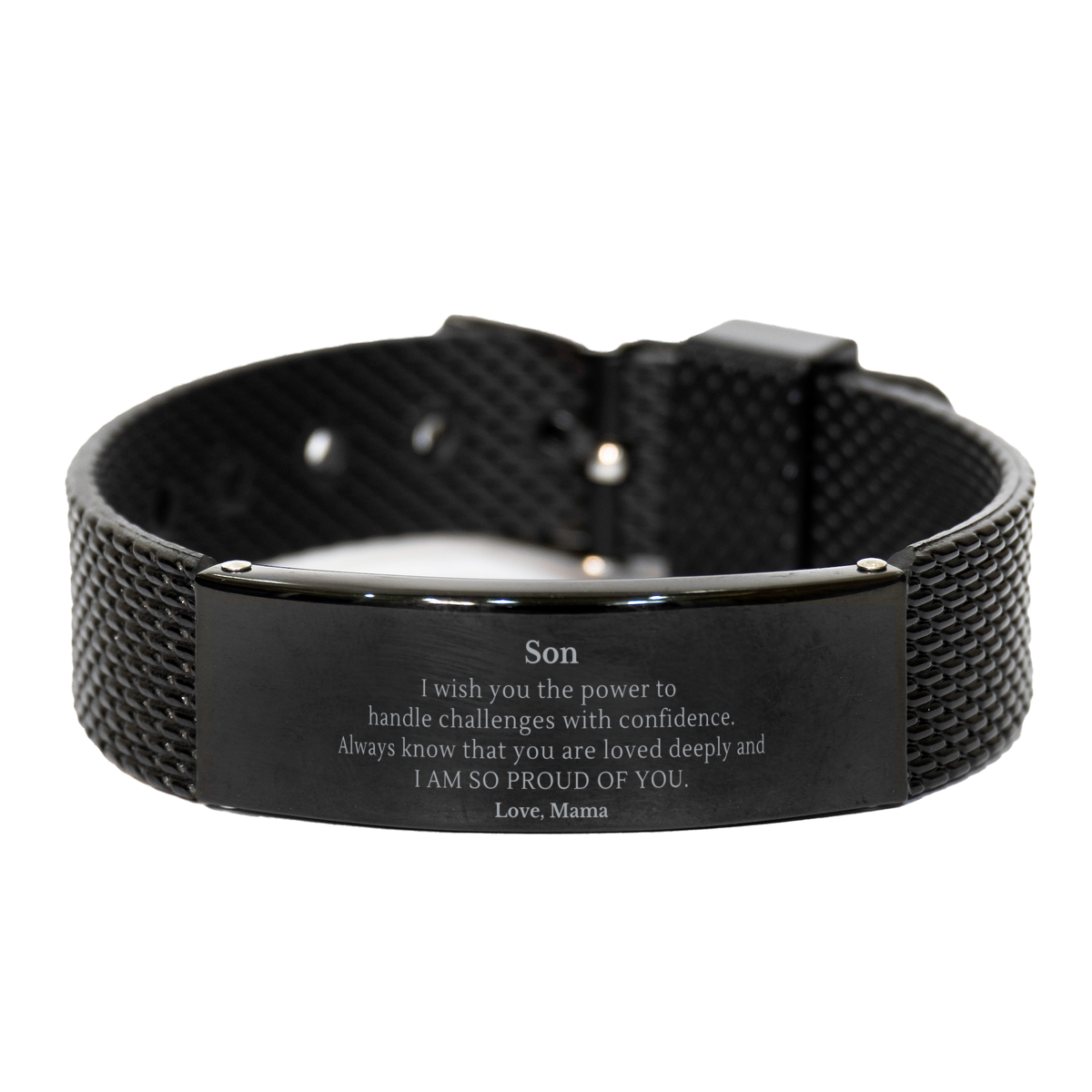 son graduation black shark mesh bracelet engraved inspirational gift for him, son im proud of you and love you deeply, graduation gift from mom
