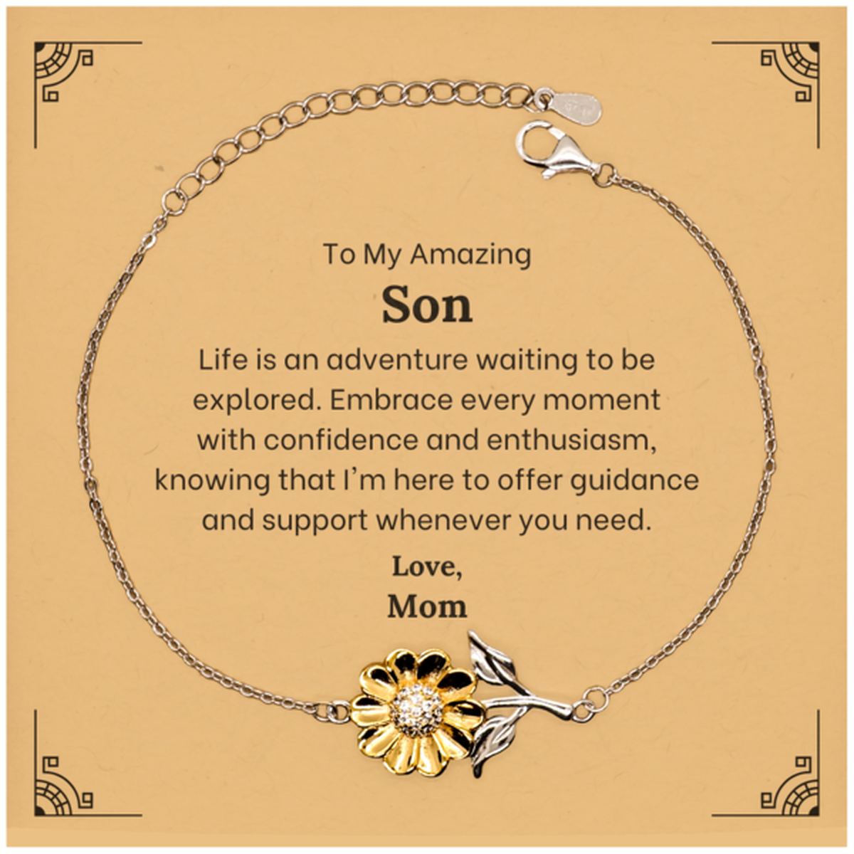 Sterling silver sunflower bracelet for son, 18k gold plated, meaningful mom gift for him.