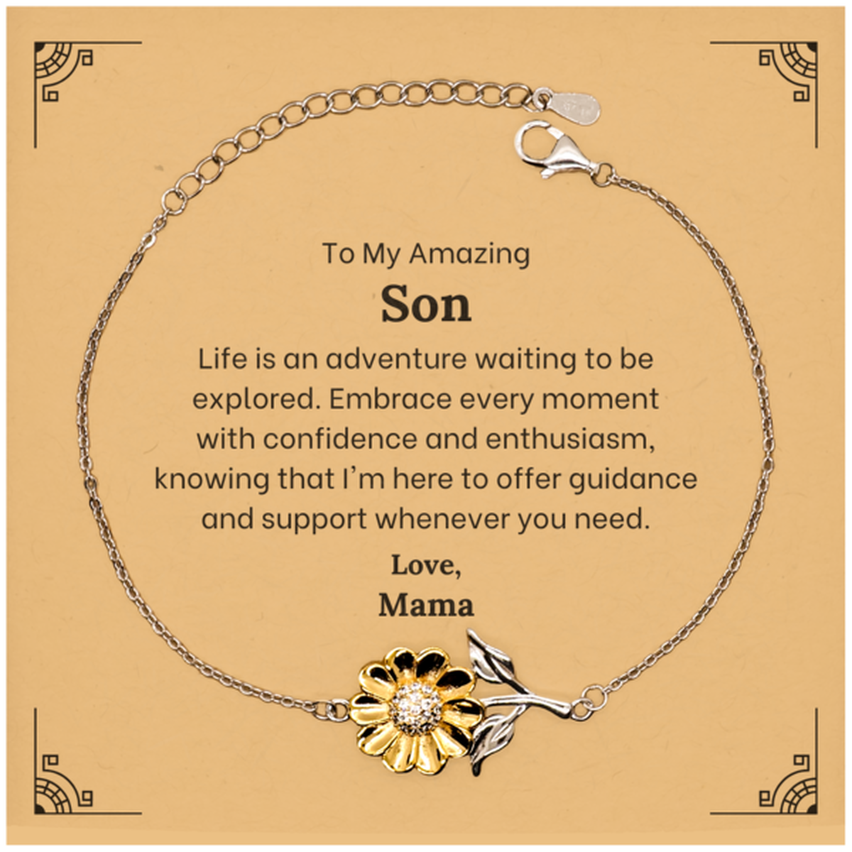 Sterling silver sunflower bracelet with gold plating, a meaningful gift for son.