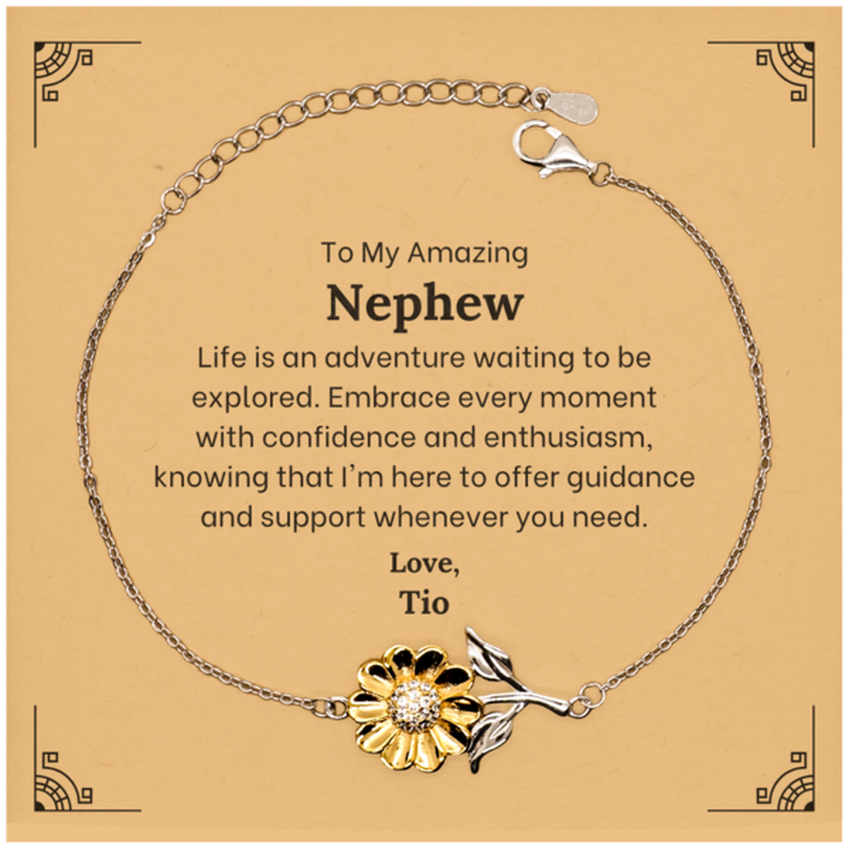 Gold-plated sterling silver sunflower bracelet, perfect unique gift for nephew.
