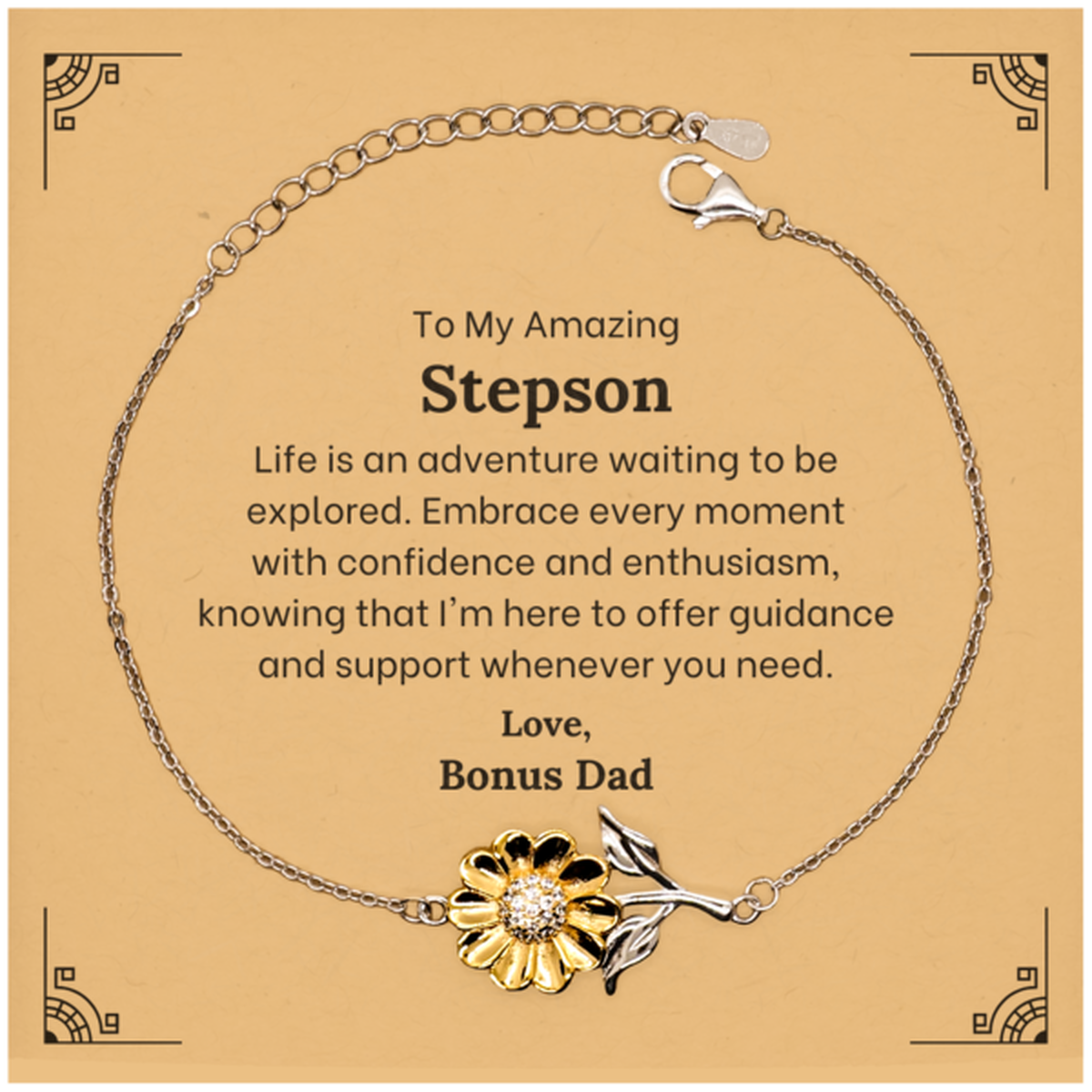 Meaningful sunflower bracelet gift for stepson, gold plated sterling silver jewelry.