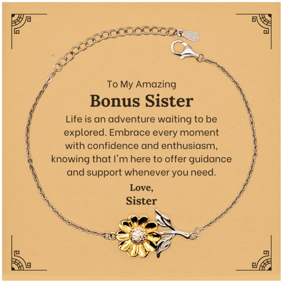 Main image: Gold plated sunflower bracelet for bonus sister. Sterling silver friendship gift.