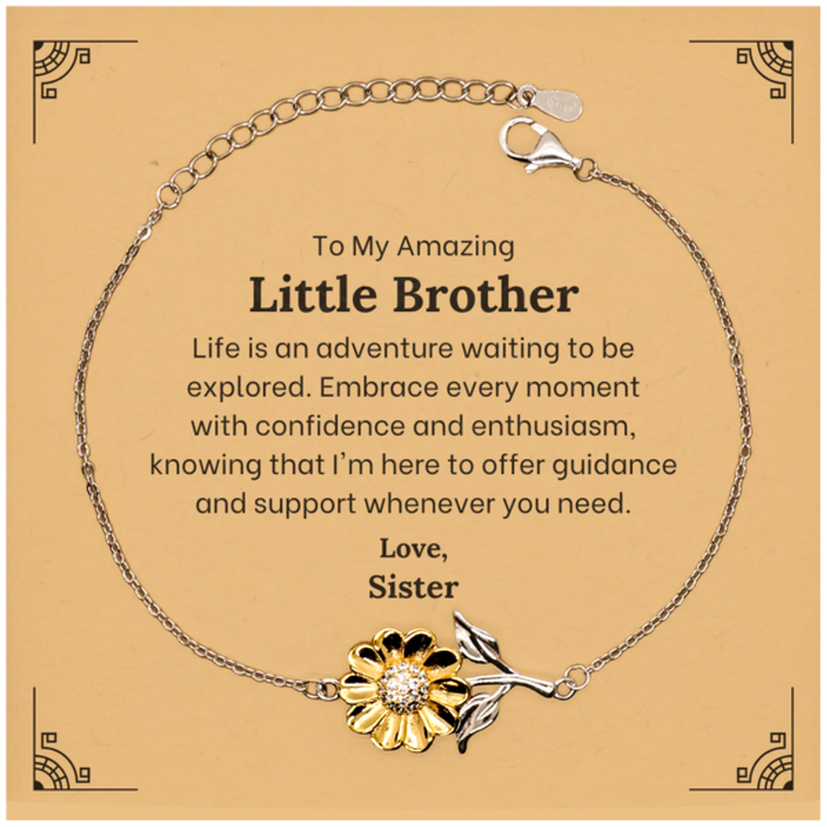 Unique sunflower bracelet gift for little brother, gold-plated sterling silver jewelry.
