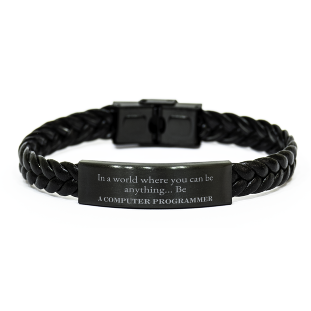 Braided black leather rope bracelet gift for computer programmers and men.