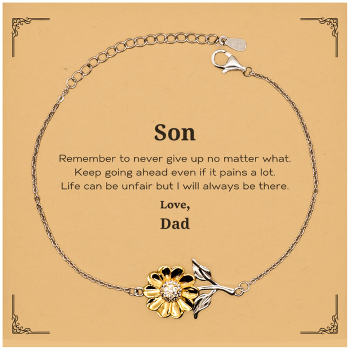 Inspirational gold sunflower bracelet for son, motivational gift from dad, sterling silver jewelry.