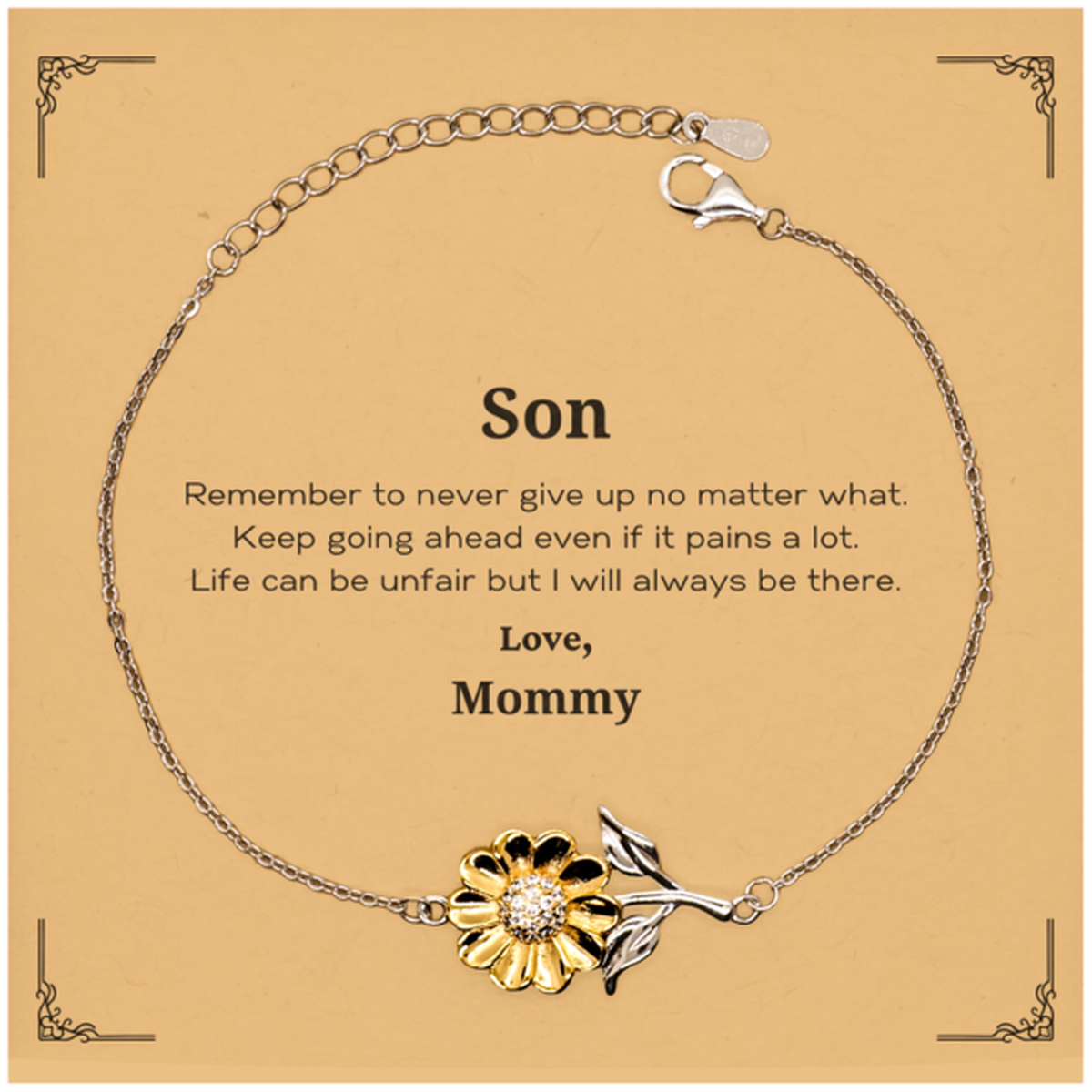 Inspirational sunflower bracelet for son, gold plated sterling silver gift from mom.