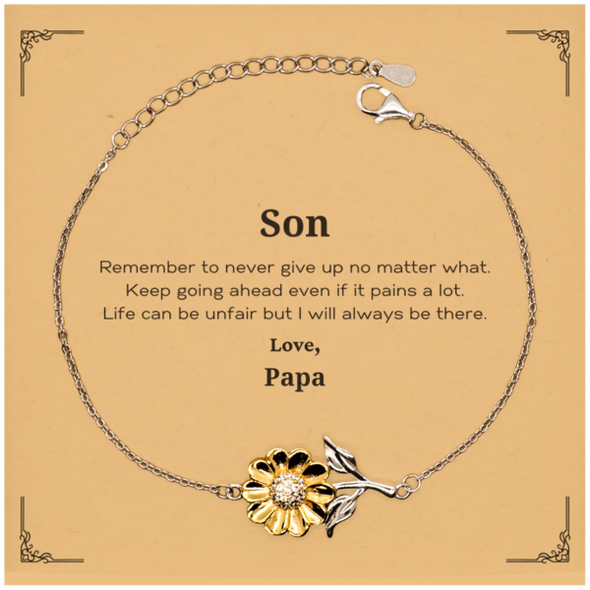 Inspirational sunflower bracelet for son, gold plated sterling silver gift from papa.