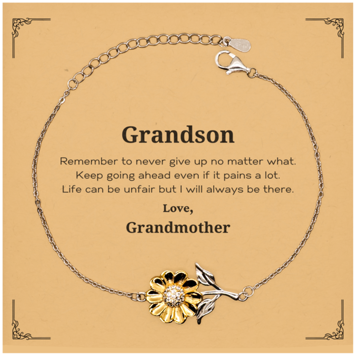 Inspirational sunflower bracelet for grandson, 18k gold sterling silver gift from grandma.