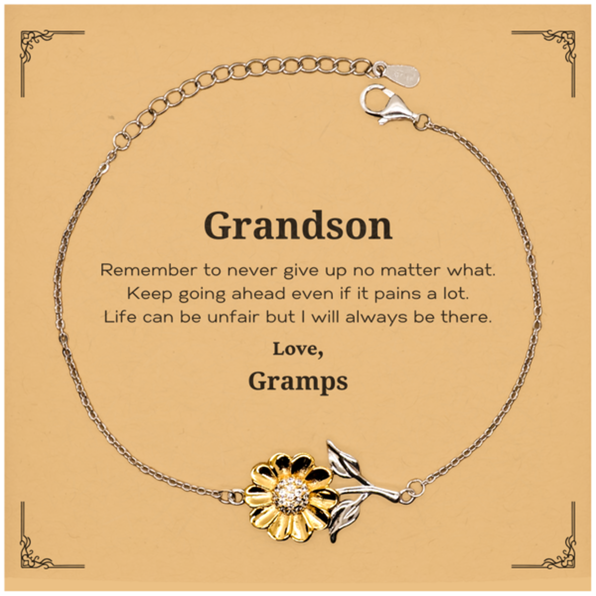 Inspirational sunflower bracelet gift for grandson, featuring 18k gold plating on sterling silver.
