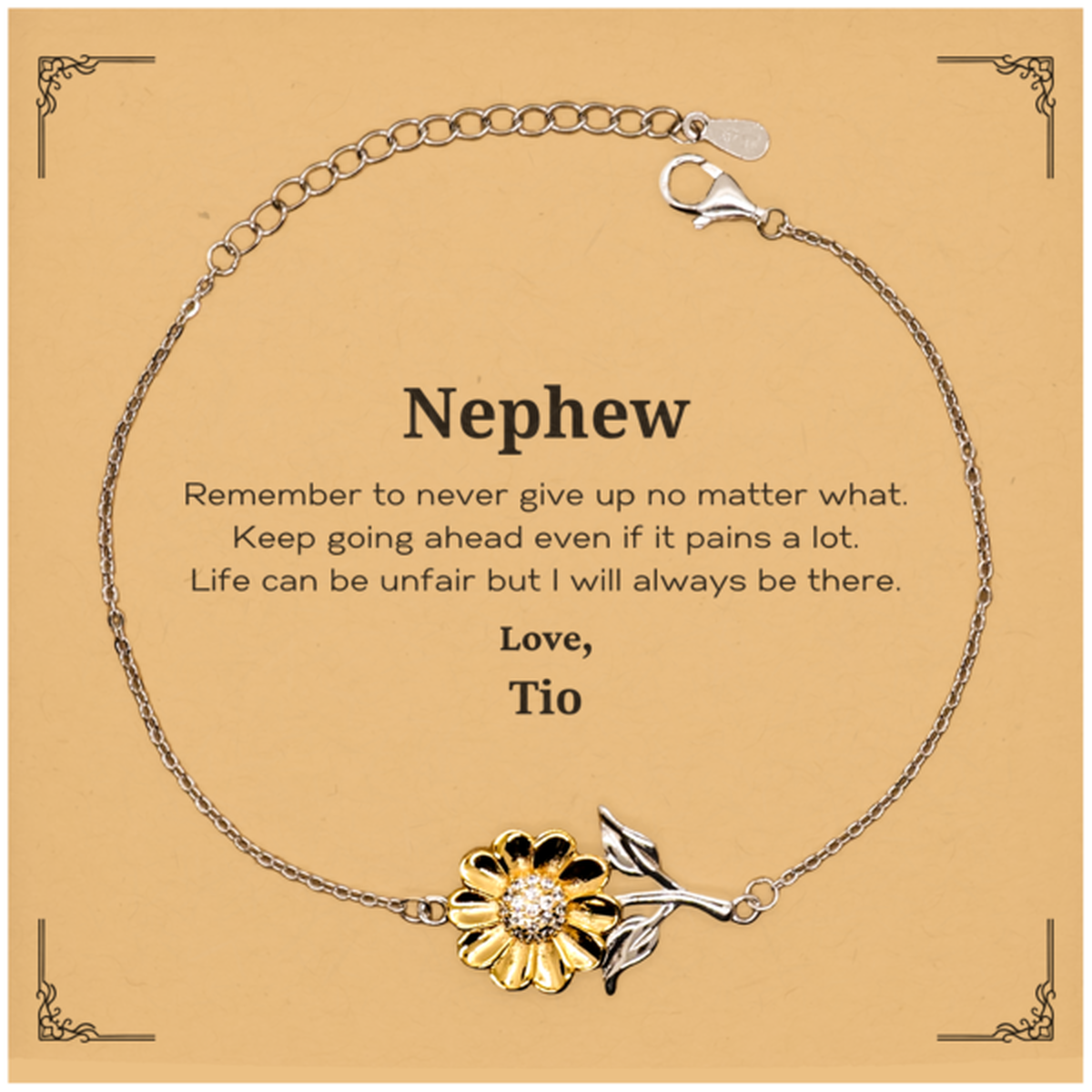 Inspirational sunflower bracelet for nephew, gold plated sterling silver motivational gift.
