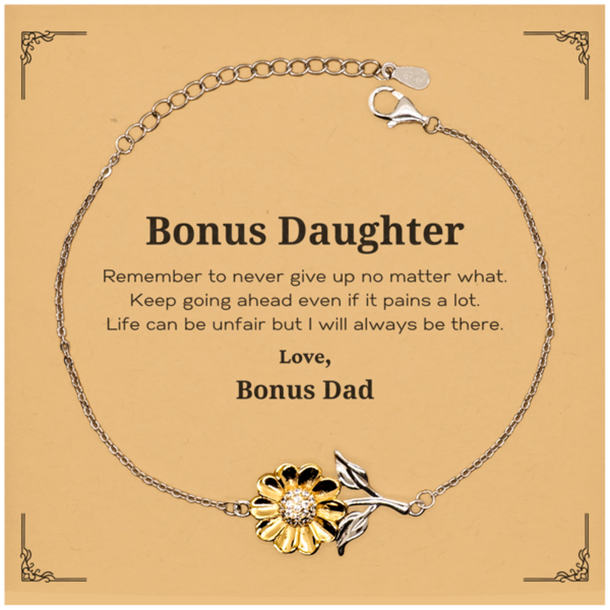 Inspirational sunflower bracelet gift for bonus daughter, gold plated sterling silver jewelry.