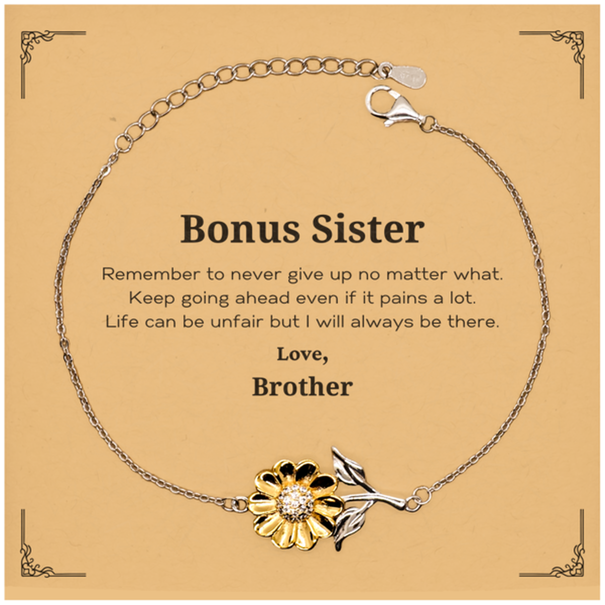 Inspirational sunflower bracelet gift for bonus sister. Sterling silver and 18k gold plated jewelry (Image 1).