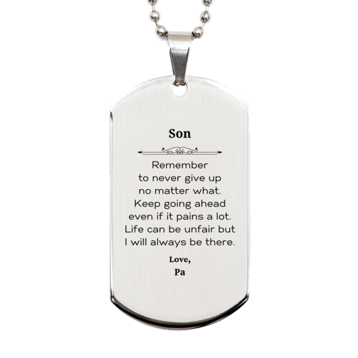 Inspirational silver dog tag necklace for son, motivational gift from dad | Image 1