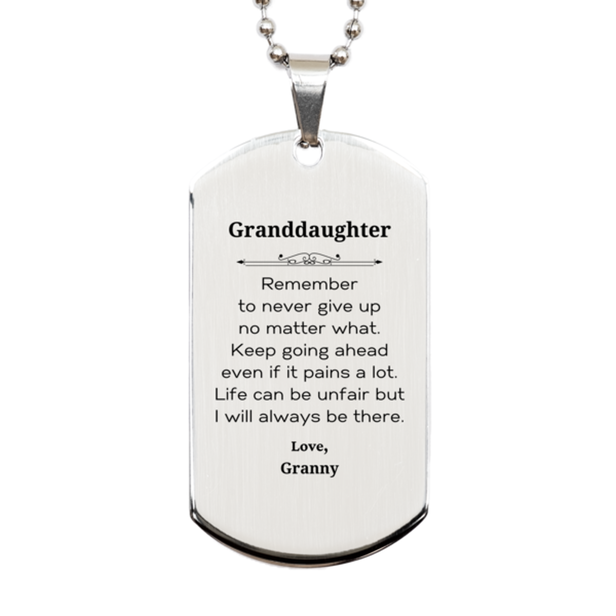 Inspirational silver dog tag necklace gift for granddaughter. Motivational keepsake from granny.
