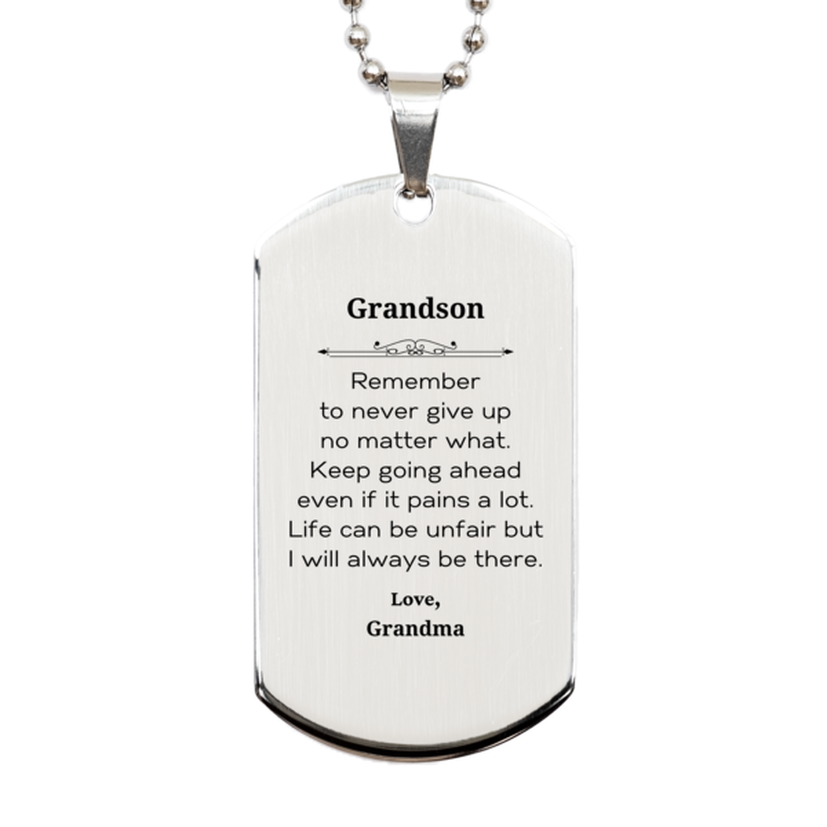 Inspirational silver dog tag necklace for grandson, engraved motivational gift from grandma.