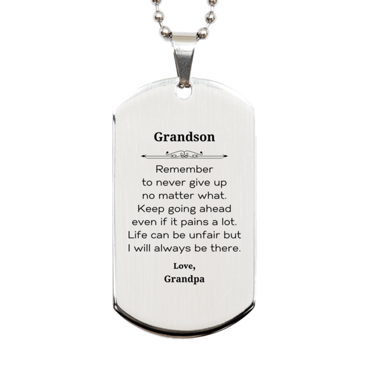 Silver engraved dog tag necklace for grandson. Motivational gift from grandpa.