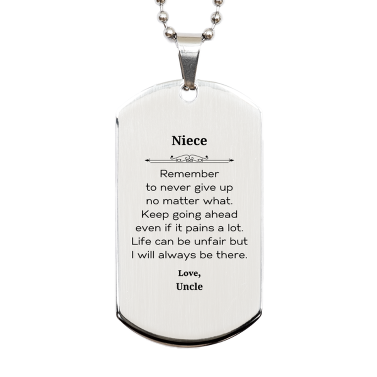 Niece inspirational silver dog tag necklace gift, engraved motivational keepsake for her.