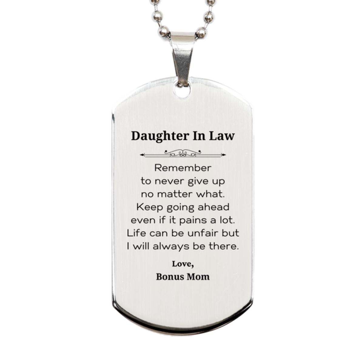 Inspirational silver dog tag necklace for Daughter In Law, engraved motivational gift.