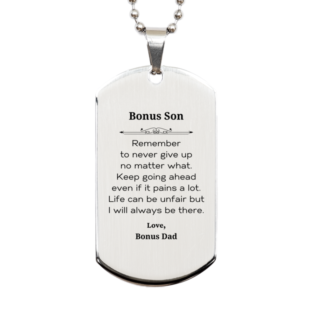 Silver dog tag necklace for bonus son. Motivational inspirational gift, Image 1.