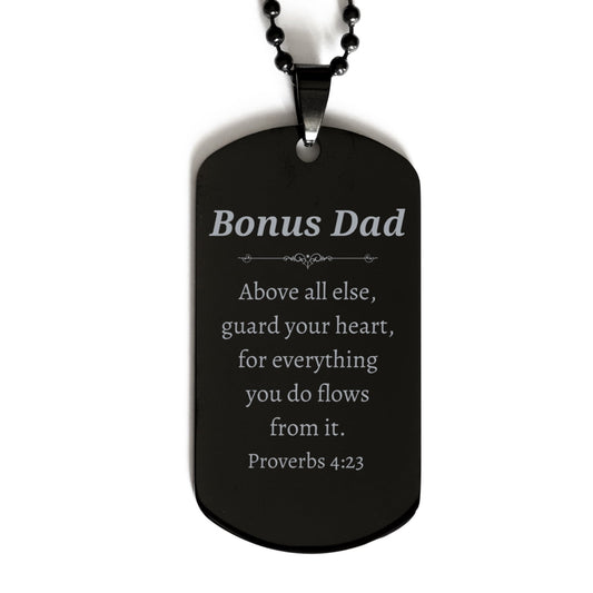 bonus dad black dog tag engraved keychain gift for him proverbs 4 23 fathers day christmas birthday graduation inspirational
