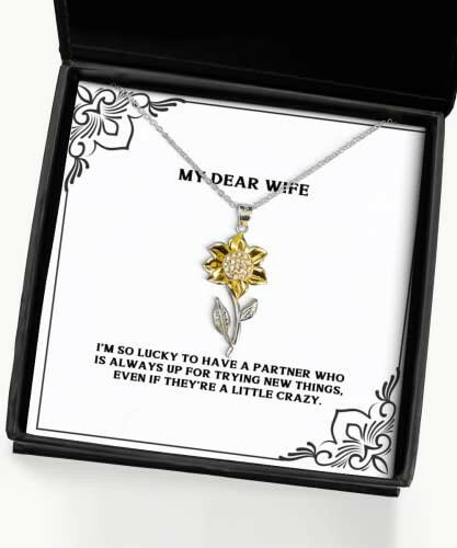 special wife gifts im so lucky to have a partner who is always up for trying wife sunflower pendant necklace from husband anniversary birthday christmas valentines day mothers day fathers
