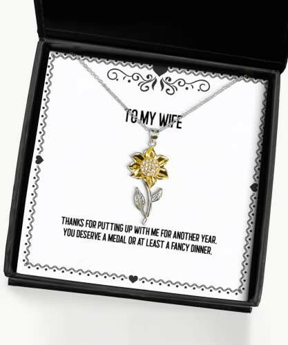 joke wife sunflower pendant necklace thanks for putting up with me for another year you new gifts for wife birthday gifts birthdaygift ideas unique birthdaygifts inexpensive birthdaygifts