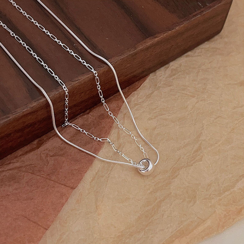 S925 Sterling Silver Double-Layered Small Fortune Bead Necklace – Simple Geometric Clavicle Chain