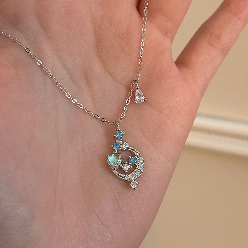 S925 Sterling Silver Moonstone Planet Necklace – Light Luxury Forest Style Clavicle Chain