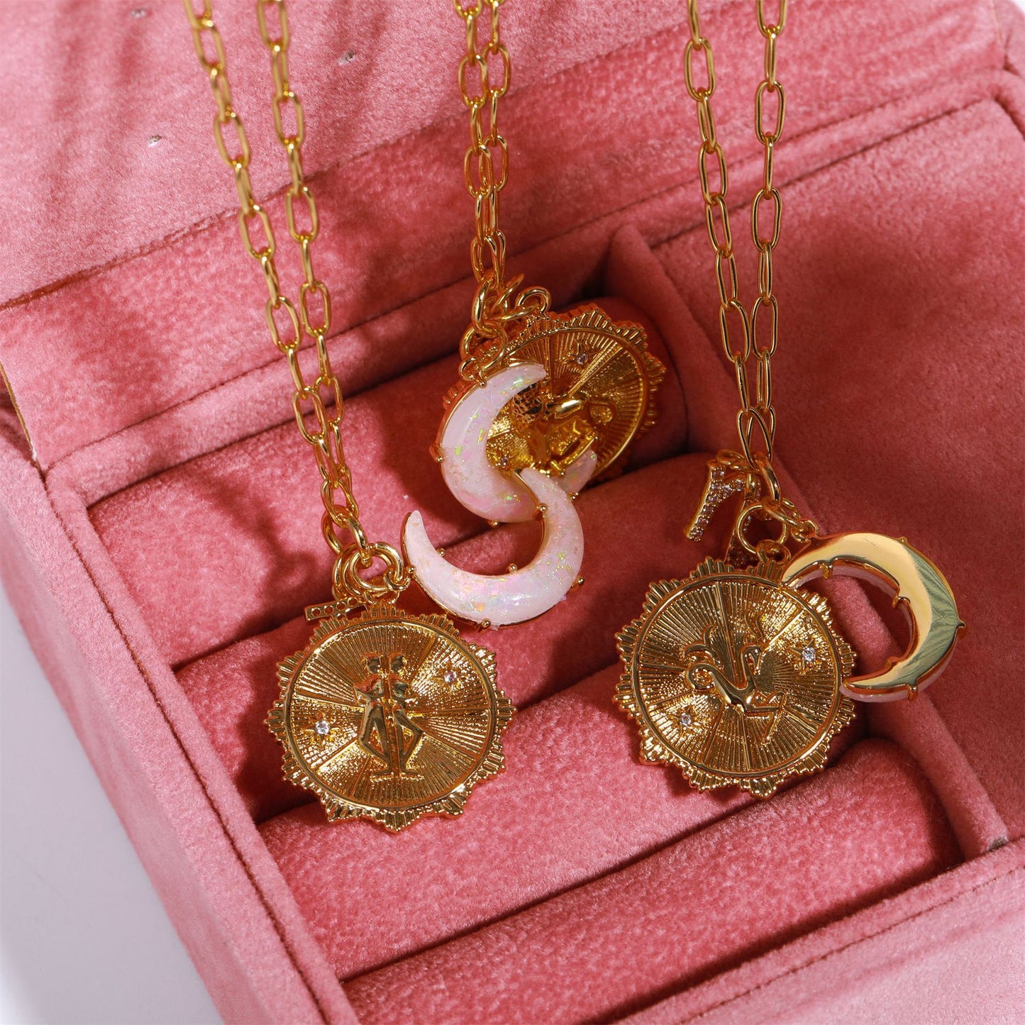 Zodiac Pendant Necklace, Astrological Sign Jewelry, Moon & Constellation Opal Charm, 12 Zodiac Runes, Gift for Her