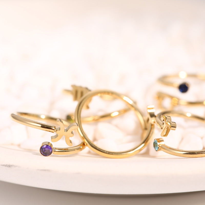 Zodiac Birthstone Ring, Adjustable Open Ring for Women, 18K Gold Plated, Zircon Inlaid, 12 Constellations, Unique Gift