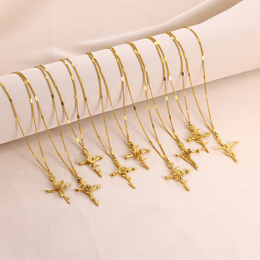 18K Gold Plated Cross Necklace, Birth Flower Pendant, 3D Floral Design, Adjustable O-Shaped Chain, Perfect Mother's Day Gift