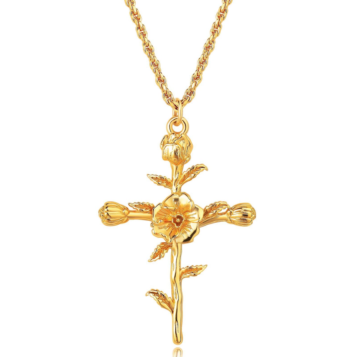 18K Gold Plated Cross Necklace, Birth Flower Pendant, 3D Floral Design, Adjustable O-Shaped Chain, Perfect Mother's Day Gift