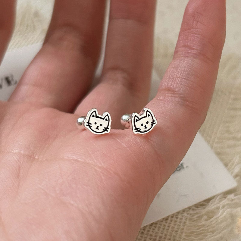 S925 Sterling Silver Cartoon Kitten Stud Earrings - Cute and Simple Design