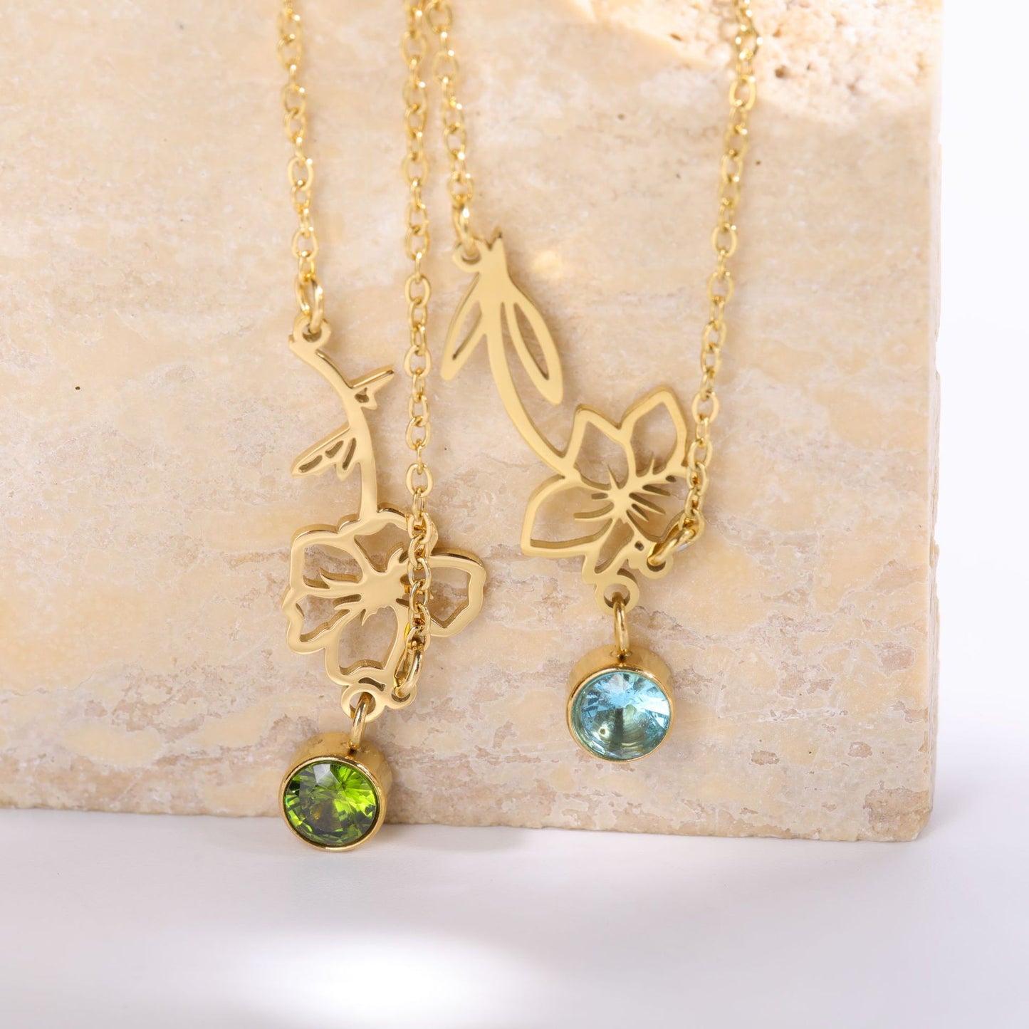 12 Flower Birthstone Pendant Bracelet, Womens Zodiac Bracelet, Stainless Steel & Zircon, 17+2 Inch Adjustable Floral Jewelry