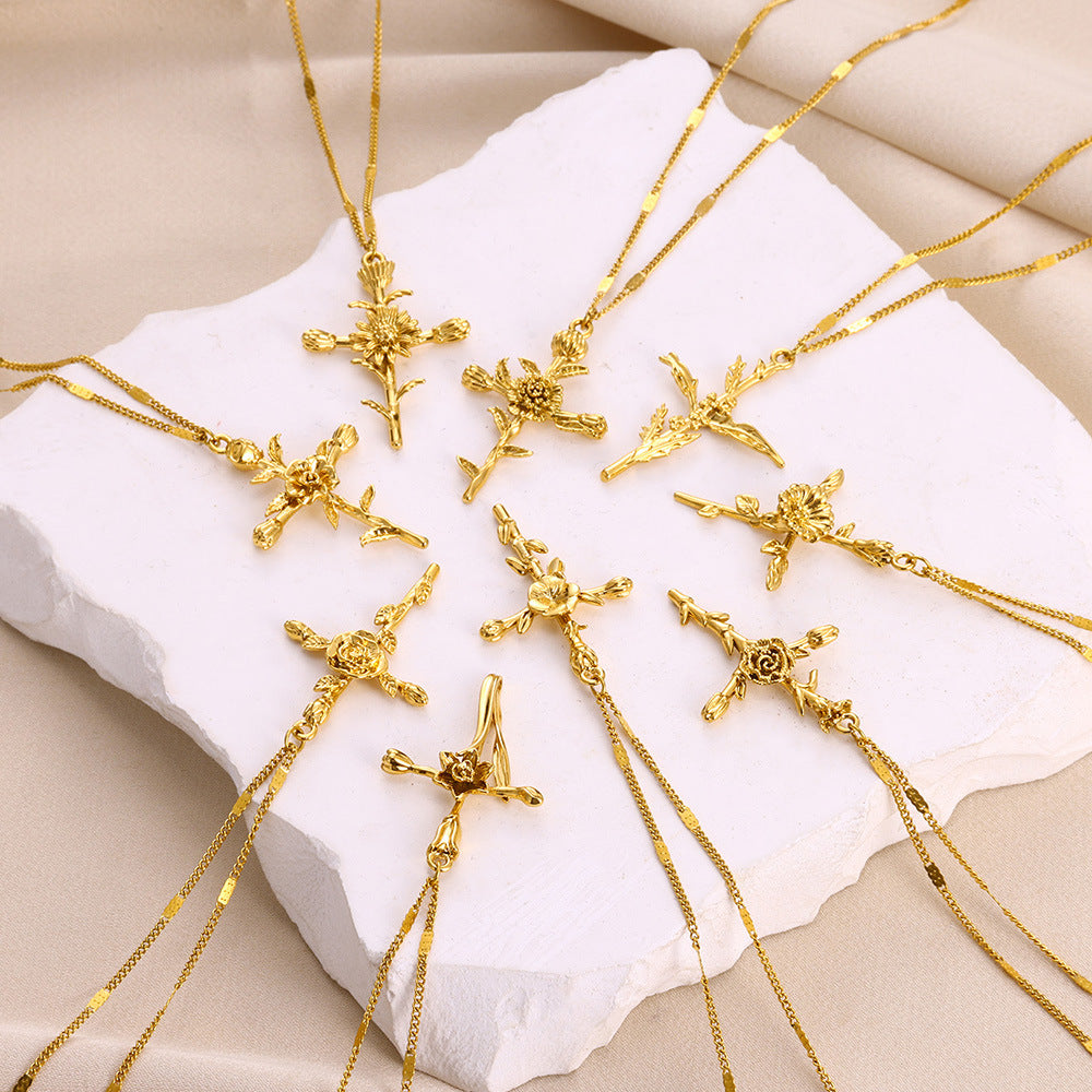 18K Gold Plated Cross Necklace, Birth Flower Pendant, 3D Floral Design, Adjustable O-Shaped Chain, Perfect Mother's Day Gift