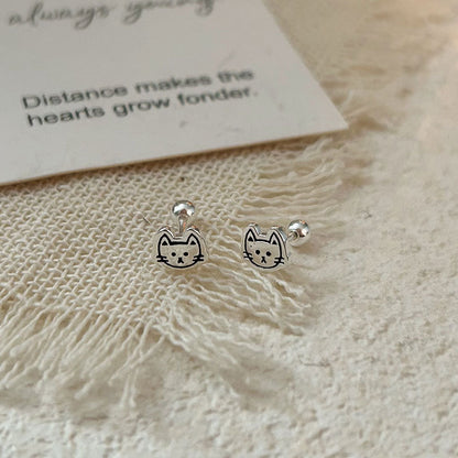 S925 Sterling Silver Cartoon Kitten Stud Earrings - Cute and Simple Design