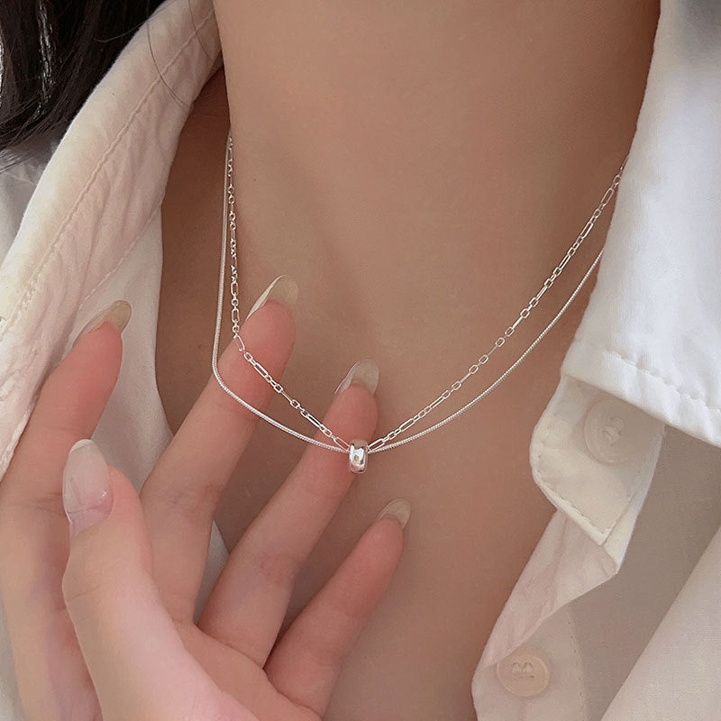 S925 Sterling Silver Double-Layered Small Fortune Bead Necklace – Simple Geometric Clavicle Chain