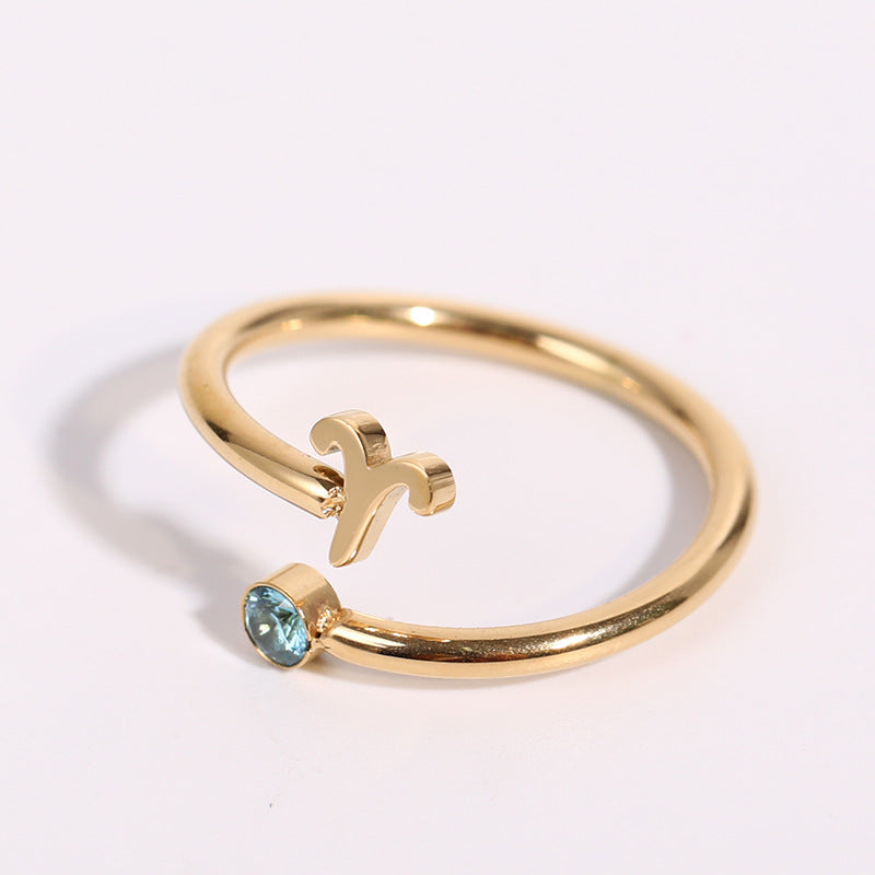 Zodiac Birthstone Ring, Adjustable Open Ring for Women, 18K Gold Plated, Zircon Inlaid, 12 Constellations, Unique Gift