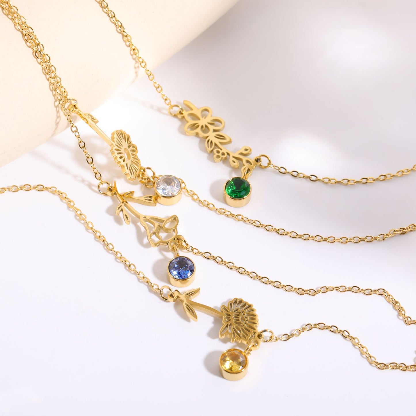 12 Flower Birthstone Pendant Bracelet, Womens Zodiac Bracelet, Stainless Steel & Zircon, 17+2 Inch Adjustable Floral Jewelry